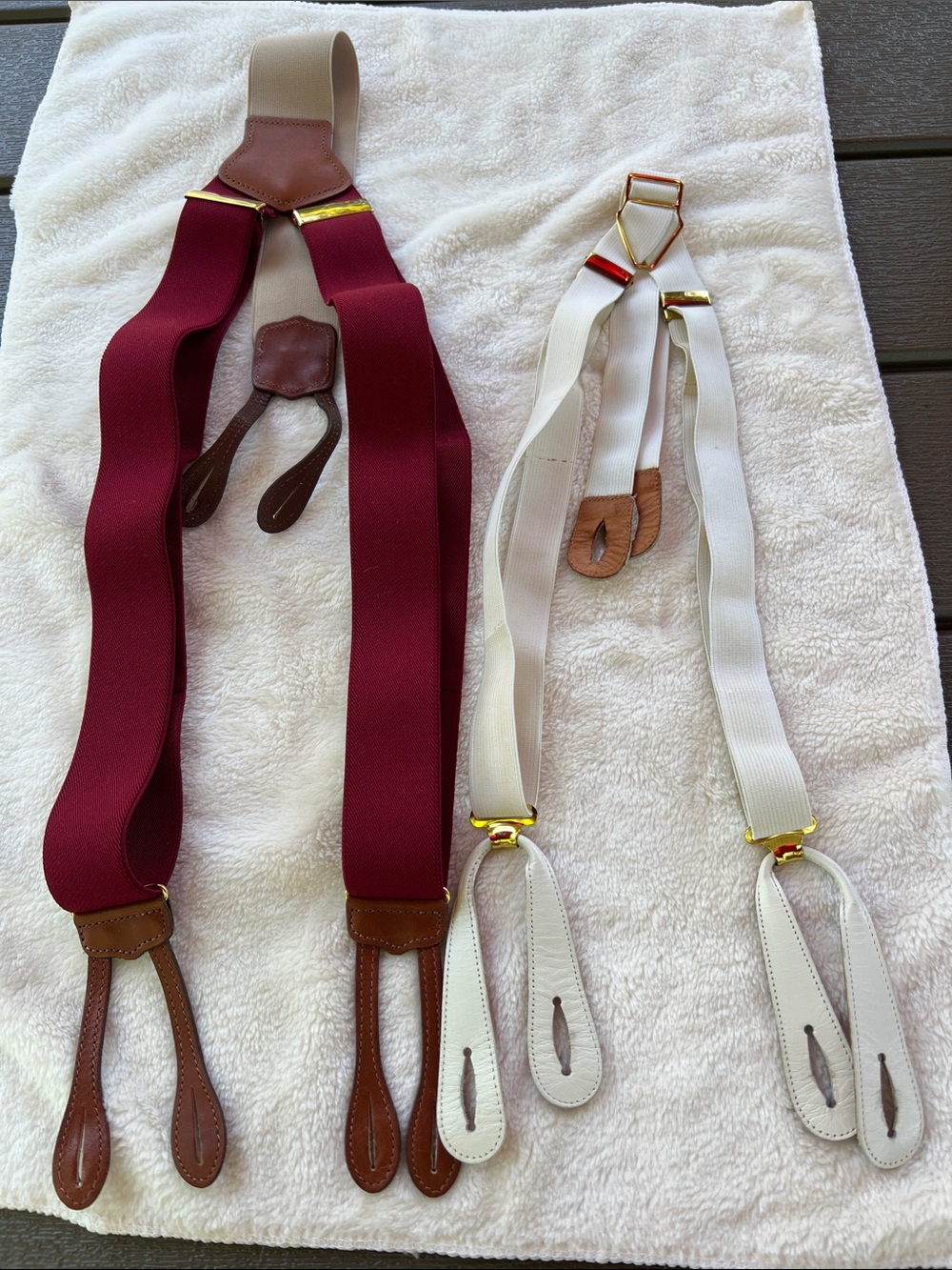 Two vintage pairs of Leather Tab Button Suspenders - Burgundy and Ivory